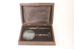 Brass Letter Opener Magnifying Glass Set W Wooden Box