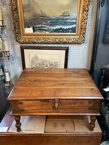 Early 19th Century Wood Flip Top Business Writing Desk On Legs W Great Hardware