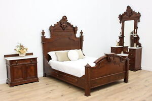 Victorian Antique Walnut 3 Pc Queen Bedroom Set Marble Tops 34491