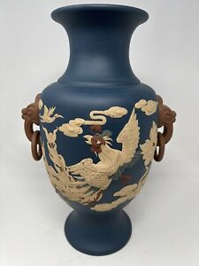 Old Yixing Zisha Pottery Carved Dragons Rooster Blue Matte Vase 15 H Signed