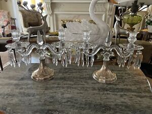 Pair Of Antique Hawkes Sterling Base With Drop Crystal Double Table Candelabra