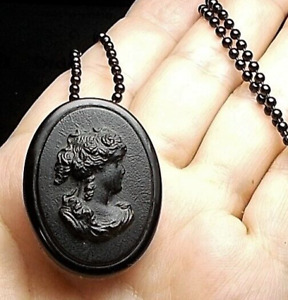 Black Cameo Antique Victorian Vulcanite Mourning Cameo Unique Brooch Late 1800s