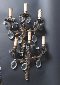 Vintage Antique Large Pair Of French Brass Crystal 3 Light Sconces Wall Lights