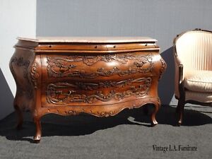 1920 French Louis Xv Ornately Carved Marble Bombe Bombay Chest Buffet Made Italy