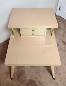 Vintage Mid Century 2 Tier Step Side Accent End Table Blonde Laminate Mcm 60s