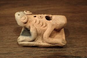 Vintage Pre Columbian Mayan Aztec Man Clay Pottery Frog Whistle Figure