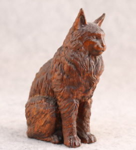 Asian Rare Hand Carved Boxwood Cat Netsuke Figurine Pretty Cat Fengshui Art