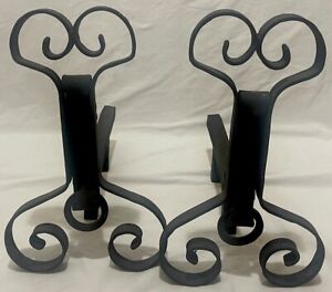Vintage Pair Wrought Iron Andirons Ornate Scroll Unique Design