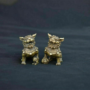 1 Pair Chinese Ancient Bronze Brass Fengshui Foo Fu Dog Lion Beast Bixie Statue