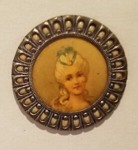 Beautiful Antique Lithograph Under Celluloid W A Ladies Head Button 1 3 8 
