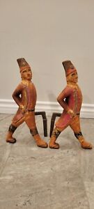 2 Vintage Cast Iron Hessian Army Soldiers Fireplace Andirons Fire Dogs 16 Tall