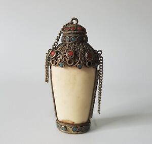Antique Old Vintage Chinese Tibetan White Metal Coral Turquoise Snuff Bottle