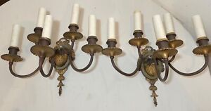 Pair Of 2 Antique 5 Arm Neoclassical Gilt Bronze Electric Wall Sconces Fixtures