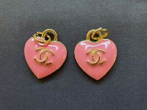 Chanel Vintage Parts Button Charm Heart Pink Gold 2 Pieces Set Free Shipping
