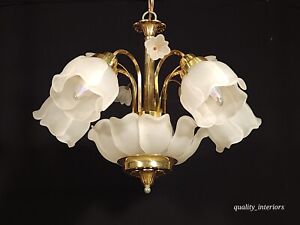 Vintage 1960s Lalique Crystal Style 5 Lite Brass Lotus Chandelier Pair Available