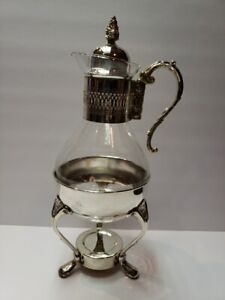 Vtg Wm Rogers Footed Silver Plate Stand W Warmer Glass Coffee Carafe Mcm