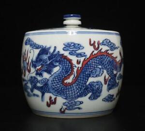 Qianlong Signed Antique Chinese Blue White Porcelain Tea Caddy W Dragon