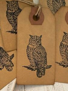 100 Small Black Wildlife Owl Primitive Coffee Stained Price Hang Tags Gift Lot