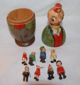 Antique 7 Nesting Man Doll Wood Comical Porter With 9 Tiny Wood Figures