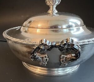 Antique French Silverplate Ribbon Bow Handle Covered Serving Dish Casserole