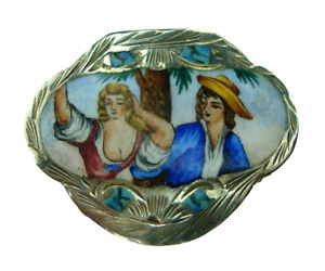 Vintage Italian 800 Silver Repousse Enamel Scene Of A Couple Snuff Pill Box