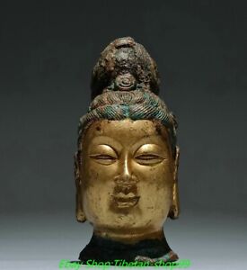 4 1 Old Dynasty Bronze Ware Gold Kwan Yin Guanyin Quanyin Buddha Head Statue