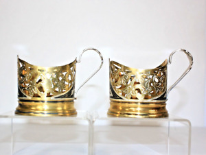 Pair Of Russian Soviet Silver Niello Coffee Tea Cup Holder Gilt Floral 875 131gm