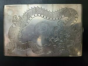  1900s China Chinese Shanghai Hung Chong Dragon Solid Silver Card Case 