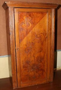 Antique Folk Art Carved Wood Medicine Cabinet With Lock And Key 1902
