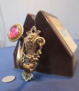 Amazing Antique Brass Lion Head Hook W Ruby Red Glass Cap 1890