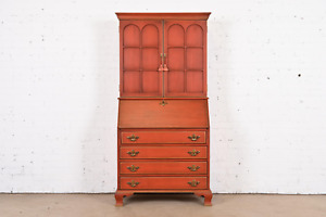 Georgian Red Lacquered Cherry Wood Drop Front Secretary Desk With Hutch
