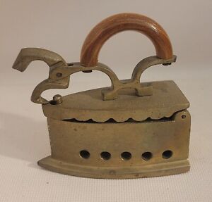 Rare Antique Brass Small Sad Iron With Wood Handle