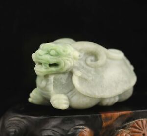 China Old Natural Hetian Green Jade Hand Carved Statue Dragon Turtle Pendant A8