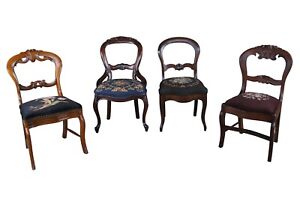 4 Antique Victorian Carved Mahogany Balloon Back Side Chairs Needlepoint Seat