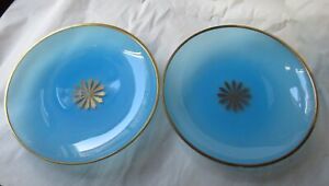 2 French Blue Opaline Gilt Gilded Glass Starburst Plates As Is