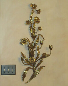 36 Vintage Italian Regency Mcm Wall Art Gold Gilt Tole Daisy Leaf Candle Sconce