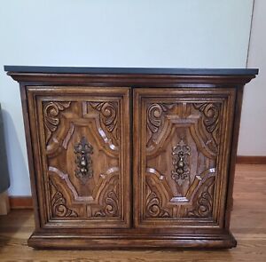 Vintage Spanish Revival Gothic Style Small Buffet Cabinet With Wheels