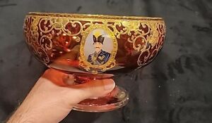 Vintage Shah Abbas Ruby Red And Gold Dish Bohemian Persian Glass