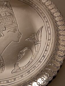 Vintage Beautiful Handmade Egyptian Queen Nefertiti Sterling Tray Egypt Marks 
