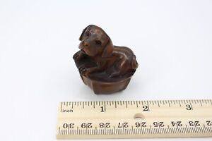 Netsuke Dog Puppy In A Bowl Japanese Carved Boxwood Signed