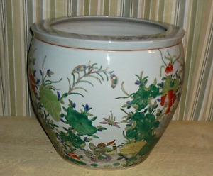 Chinoiserie Famille Verte Fish Bowl Planter Pot With Insects Wood Ducks Koi 
