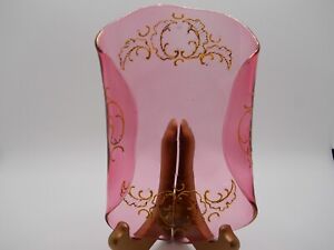 Vtg Pink Glass With Rolled Edges Yellow Gold Scrolling