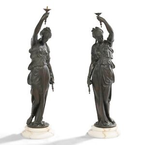 Pair Greek Roman Neoclassical Bronze Marble Statues Torchieres Floor Lamps