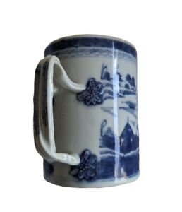 Antique Chinese Large Blue White Canton Ware Porcelain Mug Cup Qianlong 18th C