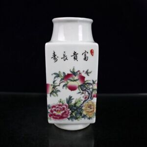 Old Chinese Powder Color Porcelain Fu Shou Pattern Square Vase Yongzheng Mark