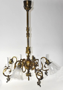 Antique Victorian Brass Gas Electric Chandelier Light Fixture