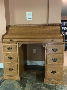 19th Century Roll Top Desk And Chair Oak Used But Excellent Condition 