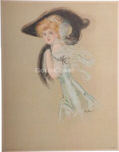 Art Nouveau Woman Hat Muff 1909 Victorian Color Litho Print Chromolithograph