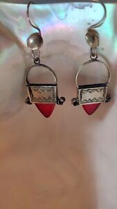 Niger Tuareg Silver Ingall Cross Red Glass Earrings