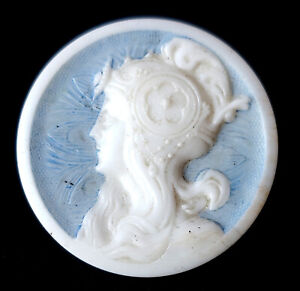 Antique Glass Button Art Nouveau Woman Head Flowing Hair Mucha Like 1 1 8 